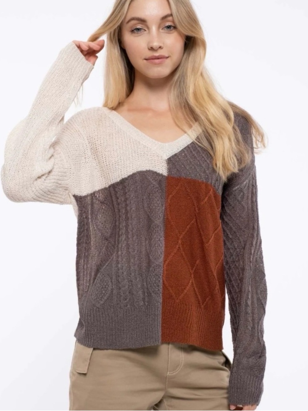 Boutique E&M V-Neck Cable Knit Sweater Cream, Gray & Rust NWT small